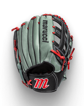 Marucci baseball glove, grey and black with red lacing, features marucci and an M logo.
